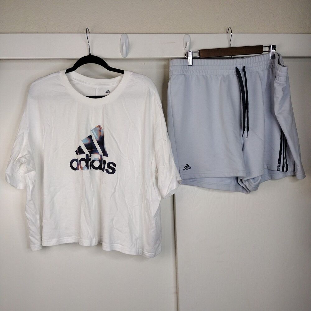 Adidas Oversized Cropped T Shirt & Short Set Women Plus Size 3X Light Blue Logo